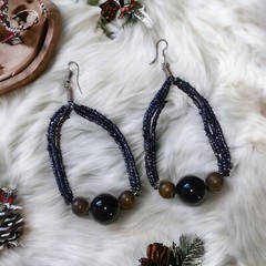Beaded Hoop Earrings Black Dangle Large Metallic Bohemian Lightweight Vtg Witchy