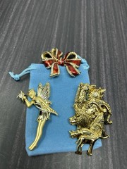 Vintage Gold Tone Brooch Lot Fairy Animals Red Bow Rhinestone Pins Costume