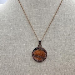 Vintage 90s Aztec Calendar Pendant Necklace Gold Tone Greek Key Border Jewelry