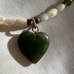 Vintage Mother of Pearl Jadeite Bead Estate Necklace Green Stone Heart Pendant