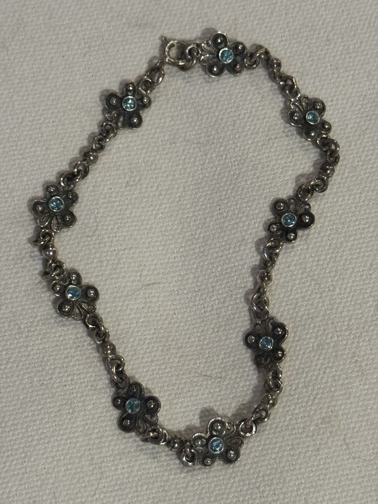 Vintage Silver Plate? and Faceted Blue Rhinestone 8.5” Bracelet