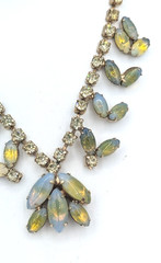 Vintage Givre Glass Necklace Rhinestone Blue Green Opalescent Prong Set