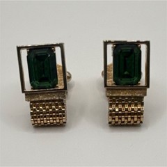 Vintage Gold Tone Rectangle Bullet Back Cufflinks Green Stone Accent for Men