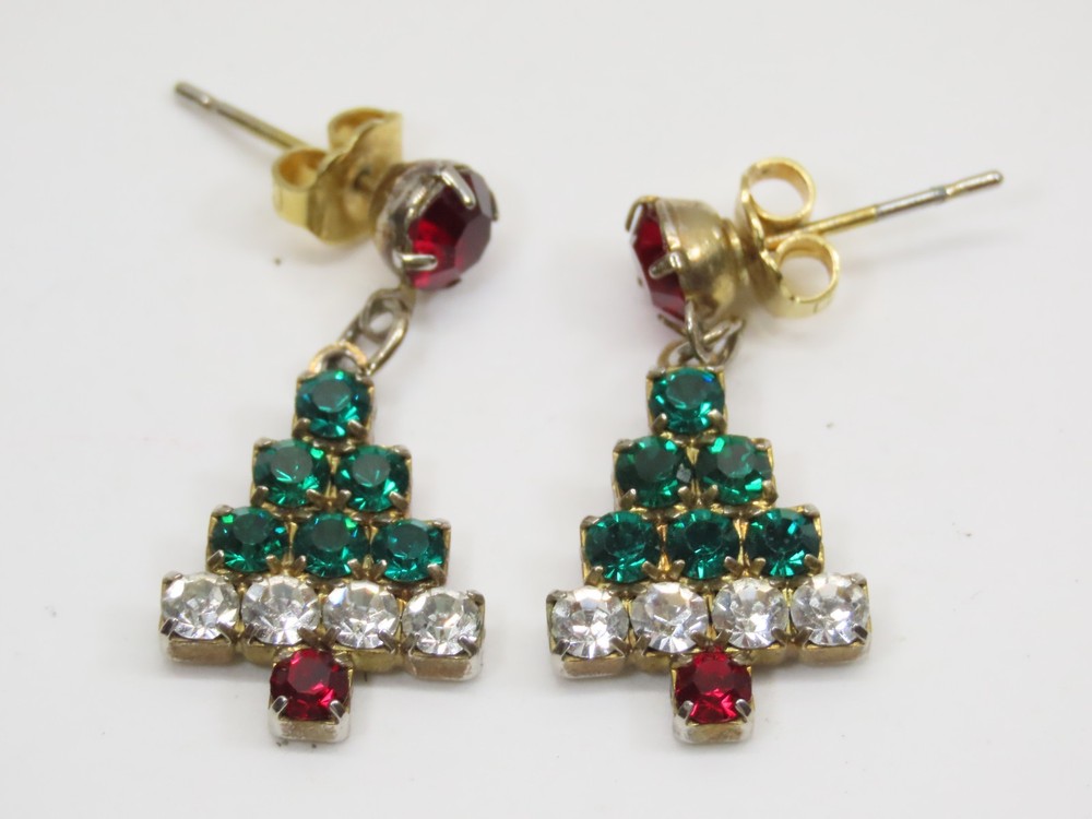 Christmas Trees Rhinestone Earrings Pierced Gold Tone Prong D3089