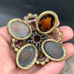 Vintage Rhinestone Brooch Brown Orange Gold Tone READ