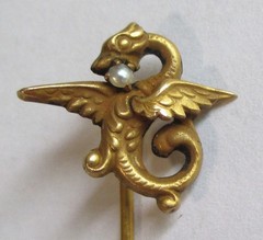 ANTIQUE VICTORIAN MYTHICAL DRAGON SEED PEARL STICK PIN GOLD GILT BRASS
