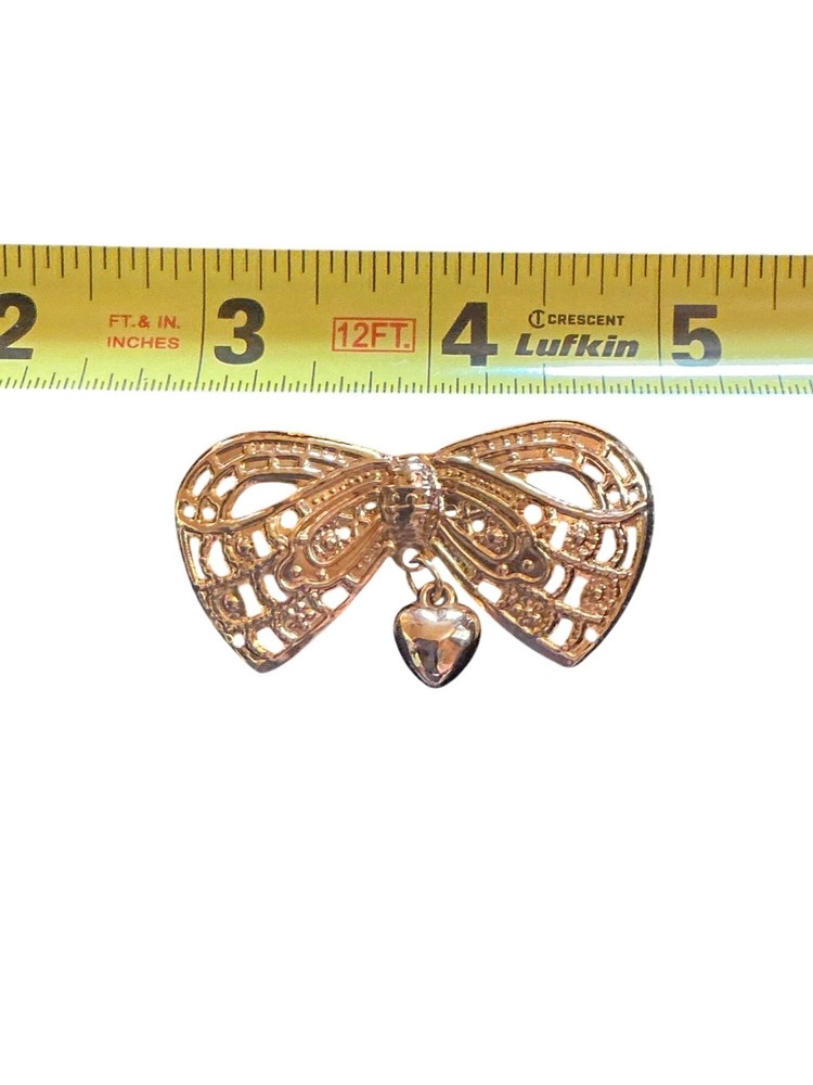 Gold-Tone Filigree Butterfly Brooch With Heart Charm 3.5 Inches Wide