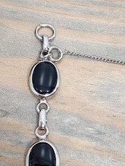 Silver Tone Faux Black Onyx Glass Oval Gemstone Bracelet