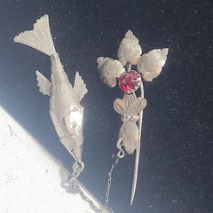 Antique Articulated Koi Fish Chatelaine Pin Red Glass Flower Hand Silver Tone