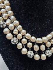 STUNNING 1950s Pearls & Rhinestone DROP Necklace & Clip Earring SET Estate WoW!