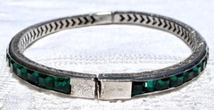 Antique Art Deco GREEN Channel-Set Rhinestone Sterling Silver Bangle Bracelet