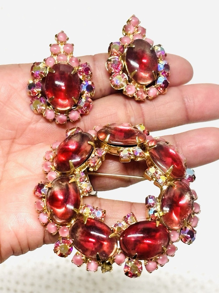 Vtg JULIANA Pink Cabochon Glass Rhinestones Earrings Flower Brooch Pin Set As Is