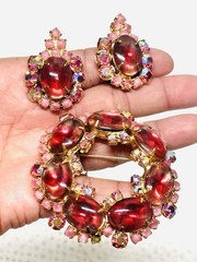 Vtg JULIANA Pink Cabochon Glass Rhinestones Earrings Flower Brooch Pin Set As Is