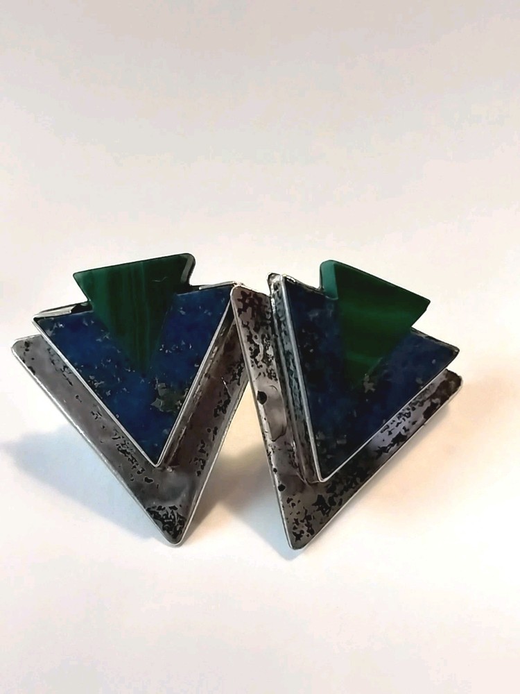 Vintage Sterling Silver Taxaco Mexico Brutalist Malachite Lapis Lazuli Earrings