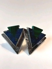 Vintage Sterling Silver Taxaco Mexico Brutalist Malachite Lapis Lazuli Earrings