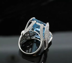 Transparent Aqua Emerald Cut 21.26CT Aquamarine & 1.52CT Diamonds Stunning Ring