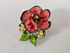 Vintage Pink and Green Enamel Painted Silver Tone Metal Floral Brooch 1″ x 1″