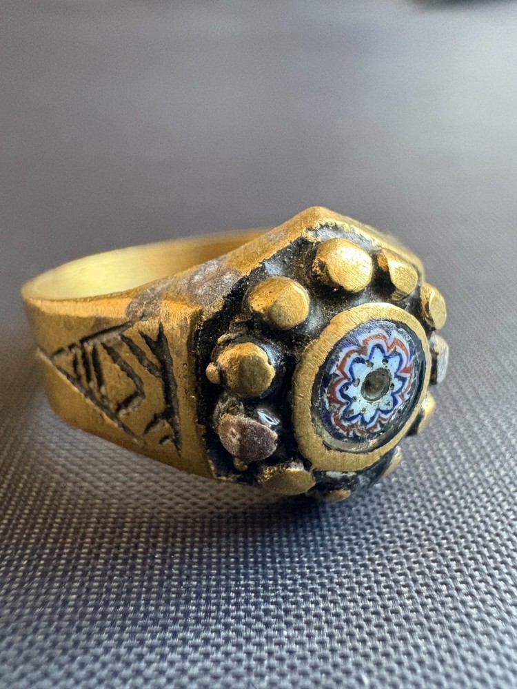 Vintage Handmade Tuareg Brass Ring Geometric Patterns & Rosette Motif Size 10 US