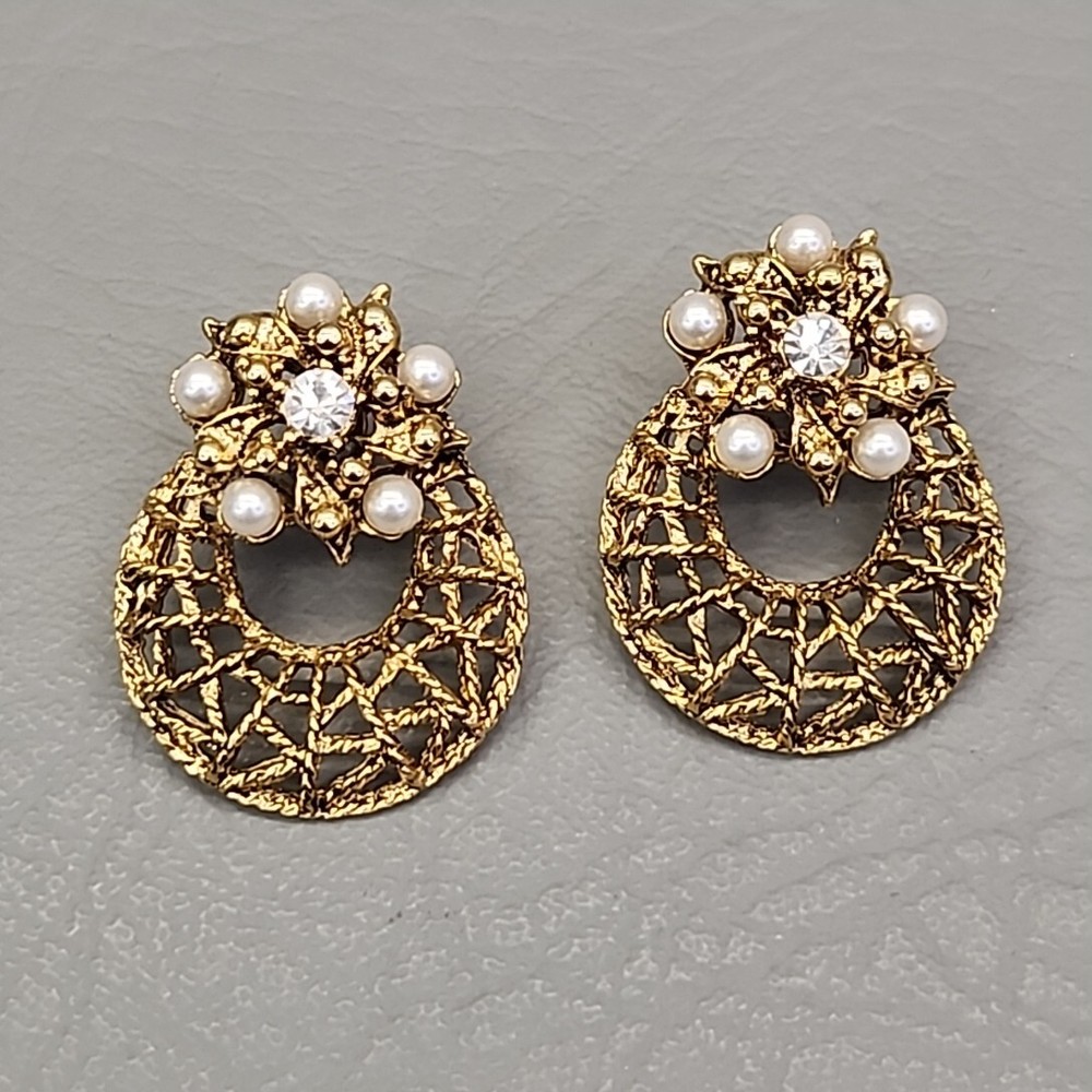 Vintage Hoop Earrings Wire Openwork Faux Pearls 1 3/8″