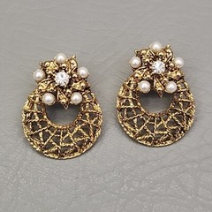 Vintage Hoop Earrings Wire Openwork Faux Pearls 1 3/8″