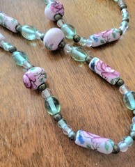 Vintage Cottagecore Sea Green Glass, Brass and Pink Porcelain Rose Bead Necklace