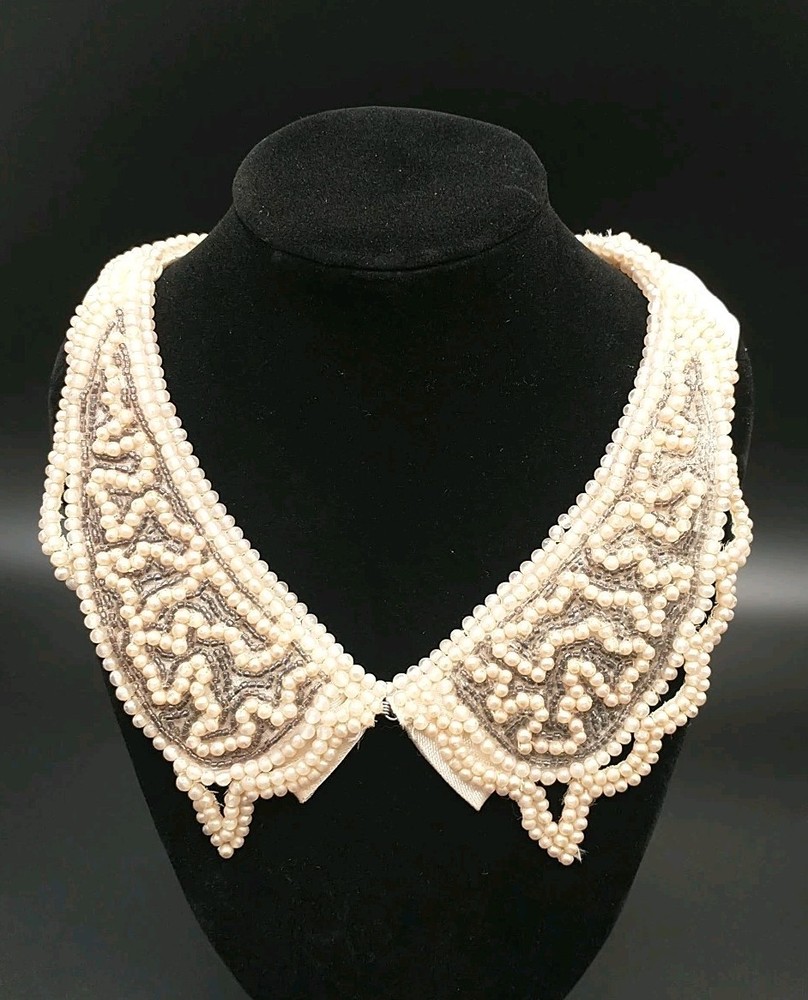 Vtg MCM Faux Pearl Gray Seed Bead Collar Necklace Steampunk Costume Jewelry