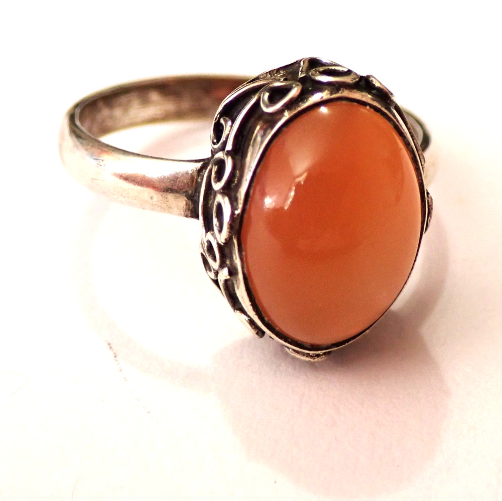 Size 9.75 Orange Carnelian Cab Ring Fancy Scrollwork 925 Sterling Silver 5.8g