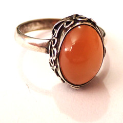 Size 9.75 Orange Carnelian Cab Ring Fancy Scrollwork 925 Sterling Silver 5.8g