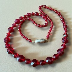 Czech Glass Bead Necklace Red Vintage Faceted Graduated Statement Long 24 Inch