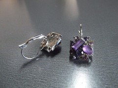 1 Pair Old .75″in Purple Glass or Rock Square w/Mixed Size Stones Dangler Clip