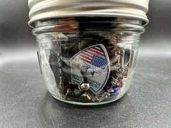 Vintage Mixed jewelry jar Patriotic USA Eagle Pins Earrings Necklaces Charms Lot