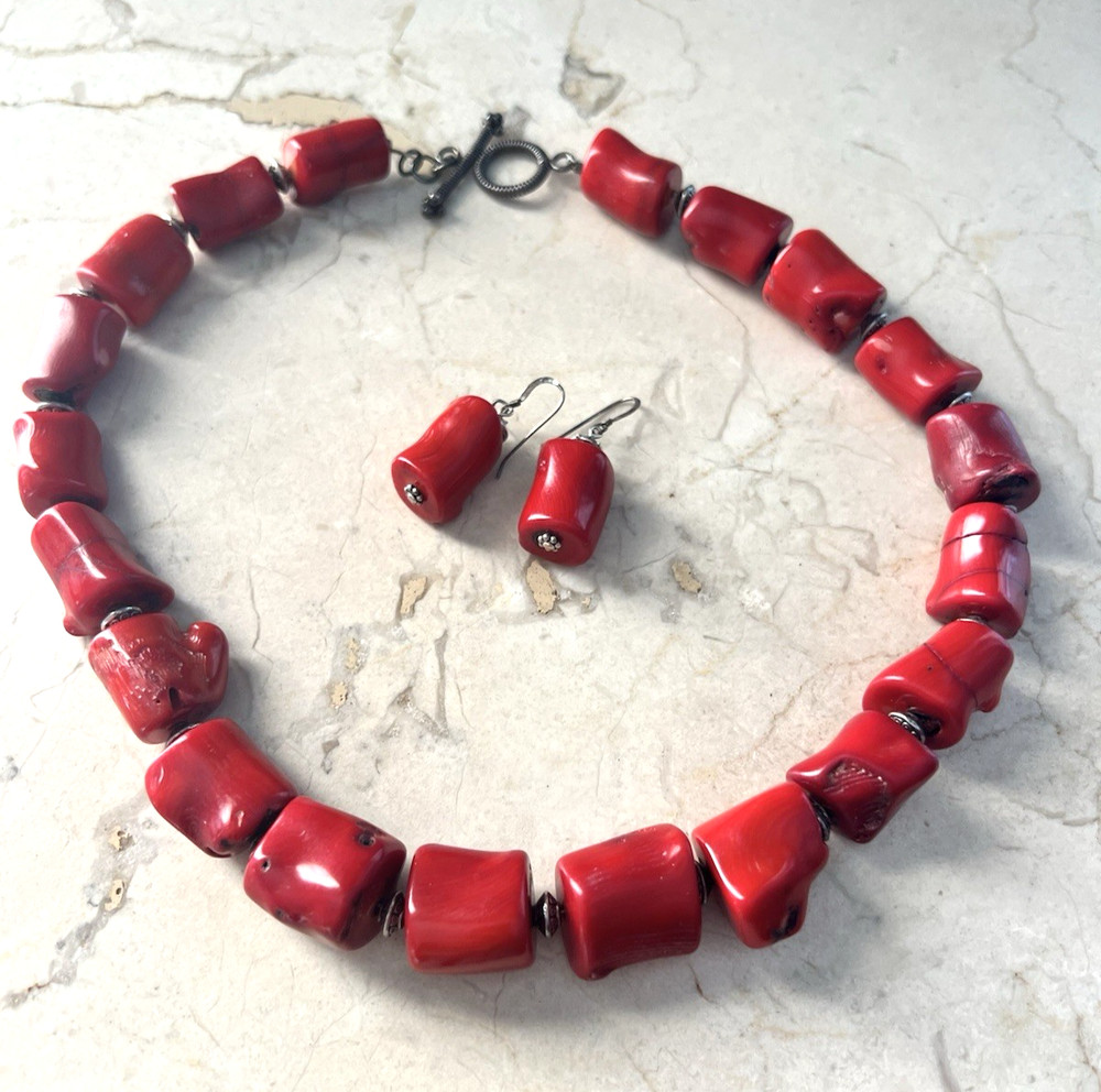 Vintage Chunky Red Coral Irregular Shaped Necklace & Earrings Set