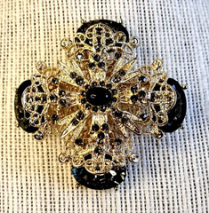 Filigree Gold Tone Smoky Gray Rhinestone Brooch Pin Intricate Detail Layered