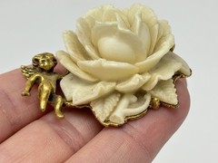 Vintage Cherub Angel Carved Rose Pin Brooch Gold Tone Cream Celluloid