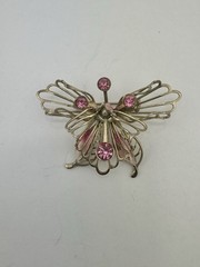 Gold Tone Open Work Vintage Butterfly Brooch w/ Bright Pink Round Rhinestone
