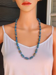 Vintage Blue Polymer Clay Barrel Beads Butterfly Floral Printed Design Necklace