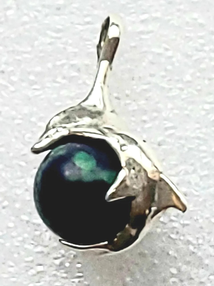 Vintage Sterling Silver 16mm Azurite Malachite Dolphin Pendant 4.7 Grams