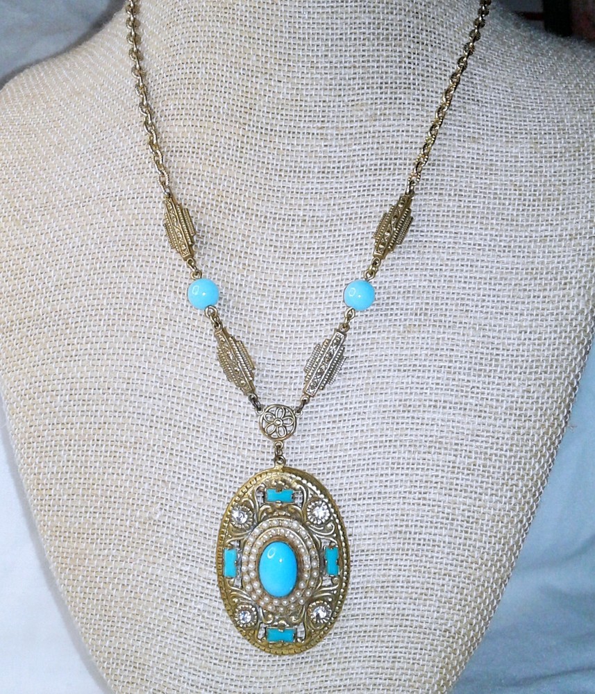 Vintage Czech Turquoise Glass Pendant Necklace Rhinestones