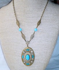Vintage Czech Turquoise Glass Pendant Necklace Rhinestones