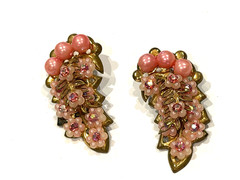 MCM PINK CLUSTER FLOWER RHINESTONE FAUX PEARL SEED BEAD CLIMBER CLIP ON EARRINGS