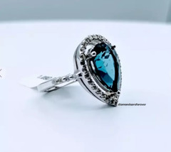 Large London Blue Pear Shape 4.00CT Topaz With Round Clear CZ Engagement Ring