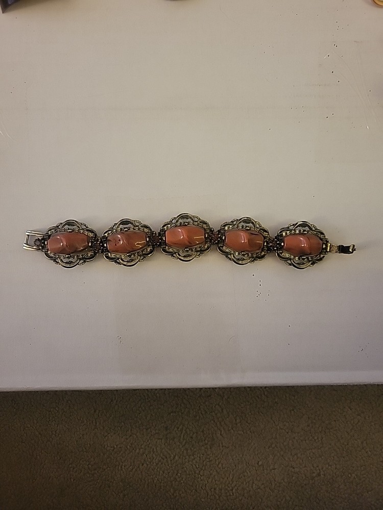 Vintage Gold Tone W Coral Stones And Glass Pink Jewels Bracelet