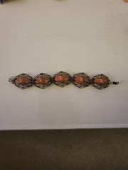 Vintage Gold Tone W Coral Stones And Glass Pink Jewels Bracelet