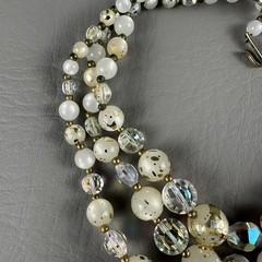Vintage Beaded Necklace 3 Strand White Lucite AB Crystal Gold Fleck 15″