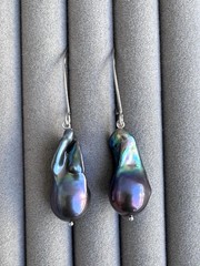 Black Baroque Pearl Earrings, Iridescent Peacock Color, Sterling Silver