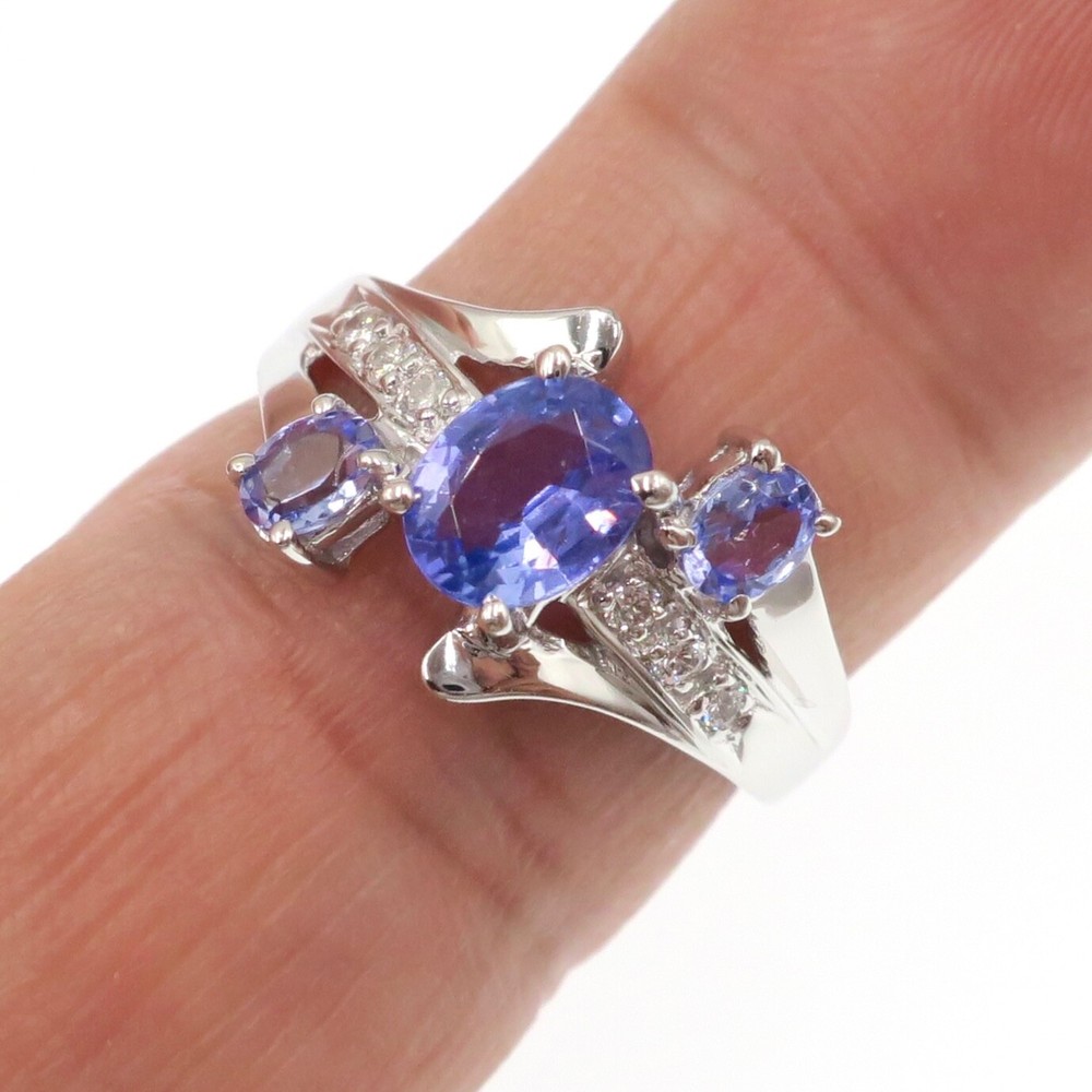 Fabulous 14k Solid White Gold Natural Tanzanite and Diamond 3-Stone Ring Sz 6.5