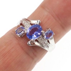 Fabulous 14k Solid White Gold Natural Tanzanite and Diamond 3-Stone Ring Sz 6.5