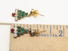 Christmas Trees Rhinestone Earrings Pierced Gold Tone Prong D3089