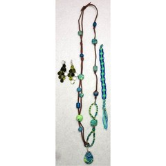 Boho Polymer Clay Green Blue Statement Necklace Earrings Bracelet Set Lot