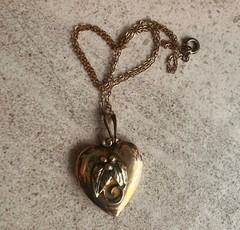 Antique Heart Shaped Photo Locket Gold Over Sterling 19” Chain Read C3
